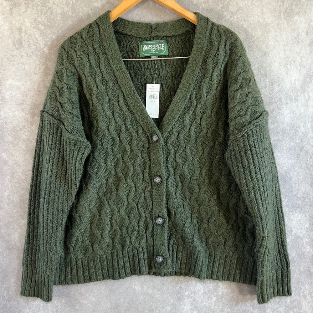 American Eagle Cardigan Women Small Green Cable Knit Button Front Cabincore NEW‎